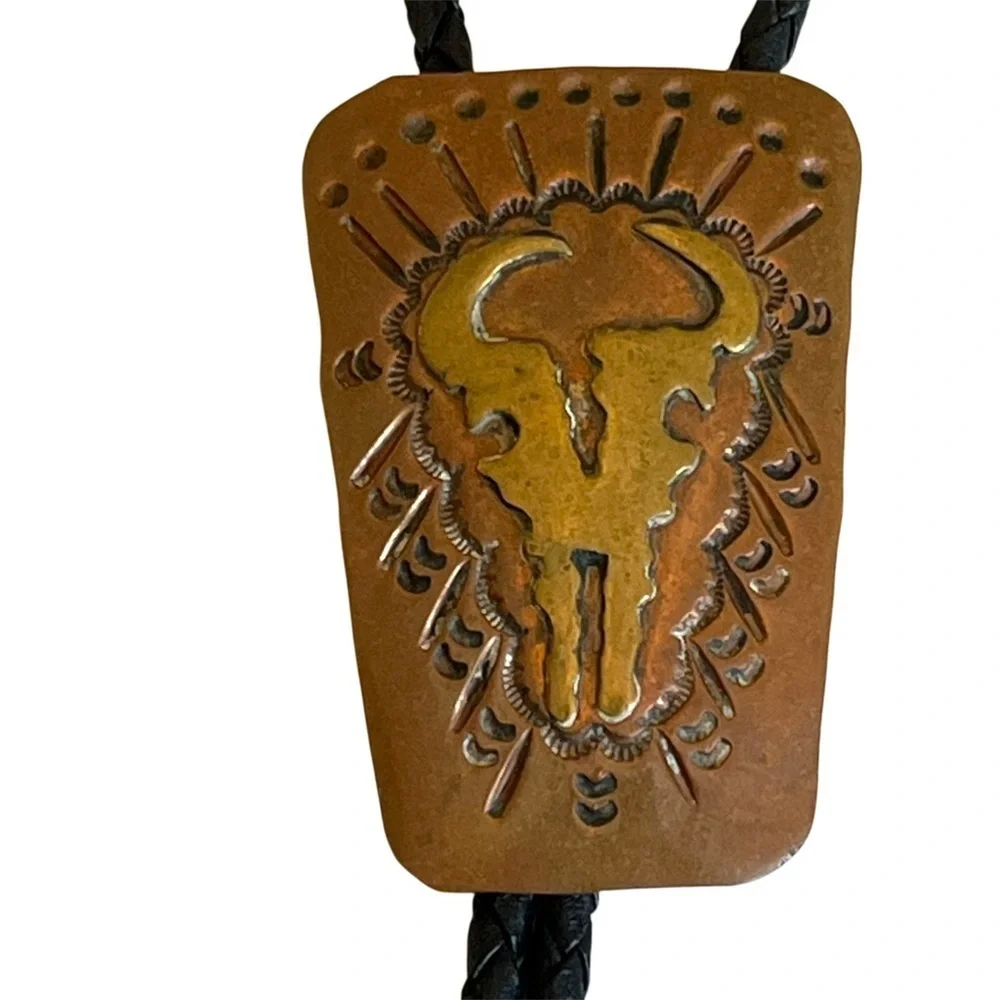 Vintage Western Leather Bolo Tie Skull Design Handmade Ranch Style Cowboy